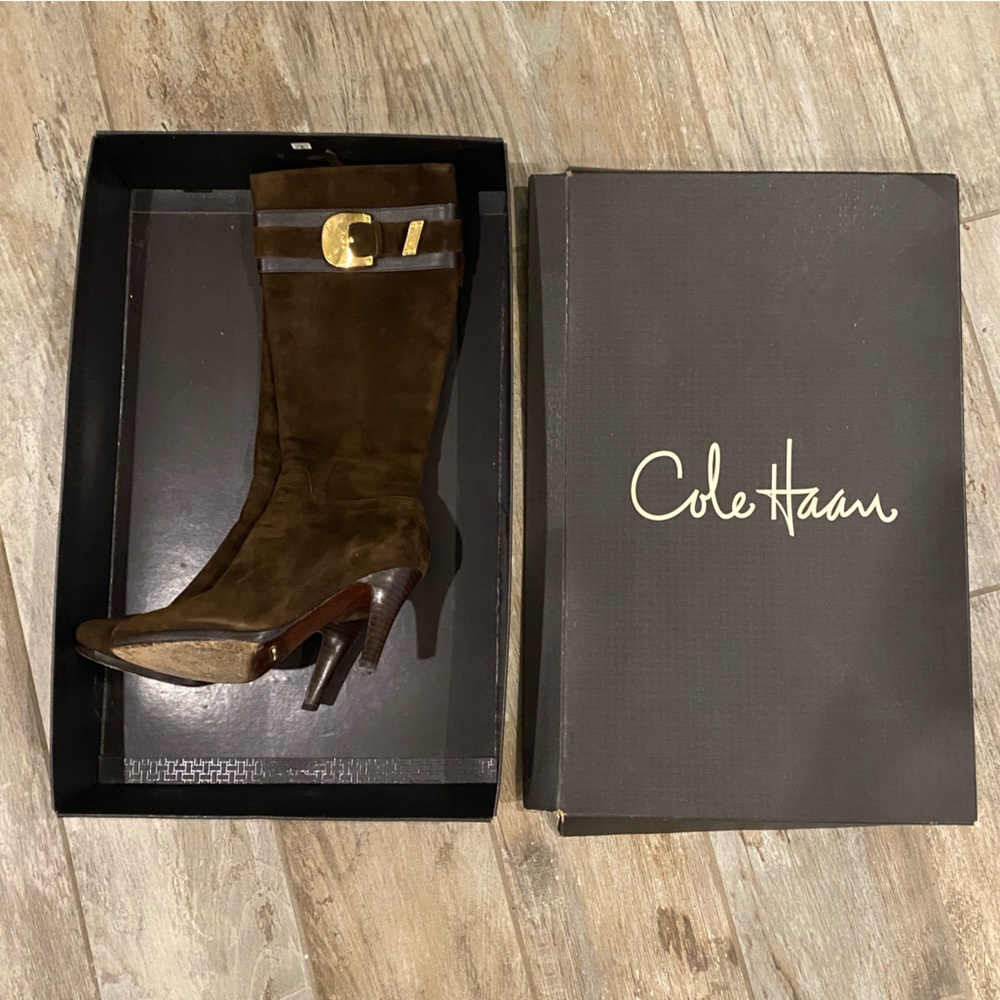 Cole Han Brown Suede Nike Air Knee Length Boots with Gold Buckle Size 6B
